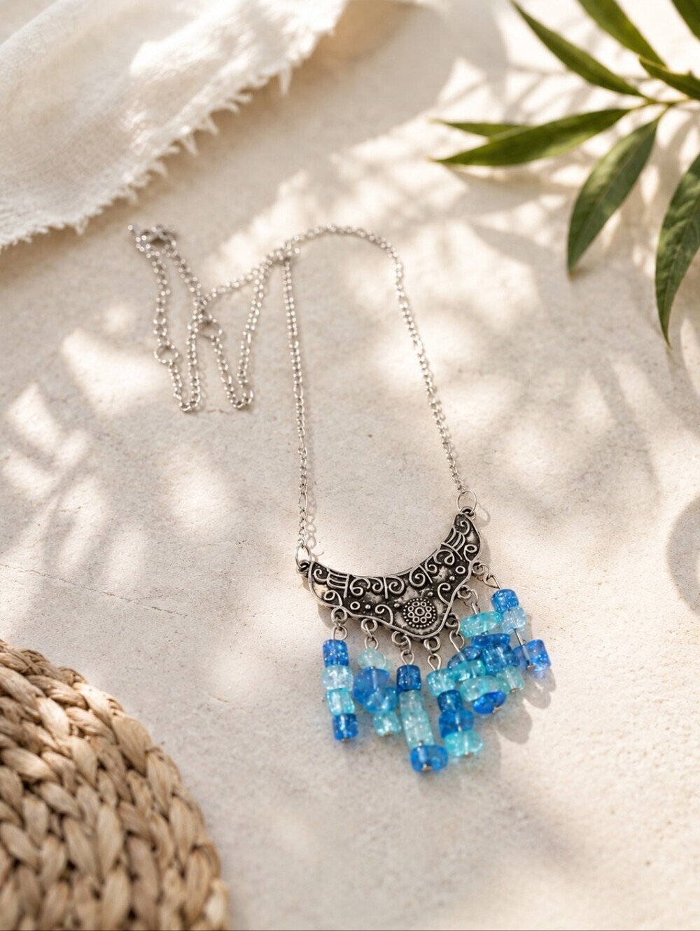 Vintage Style Silver Pendant Necklace with Blue Bead Fringe 24 Inch Handmade